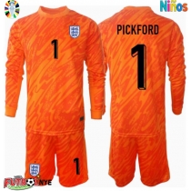 Camiseta Inglaterra Jordan Pickford #1 Portero Primera Equipación para niños Eurocopa 2024 manga larga (+ pantalones cortos)